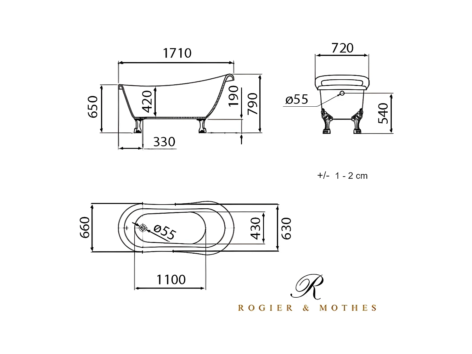 Bañera con patas RICHMOND NEGRA  171 cm patas LEÓN BLANCAS