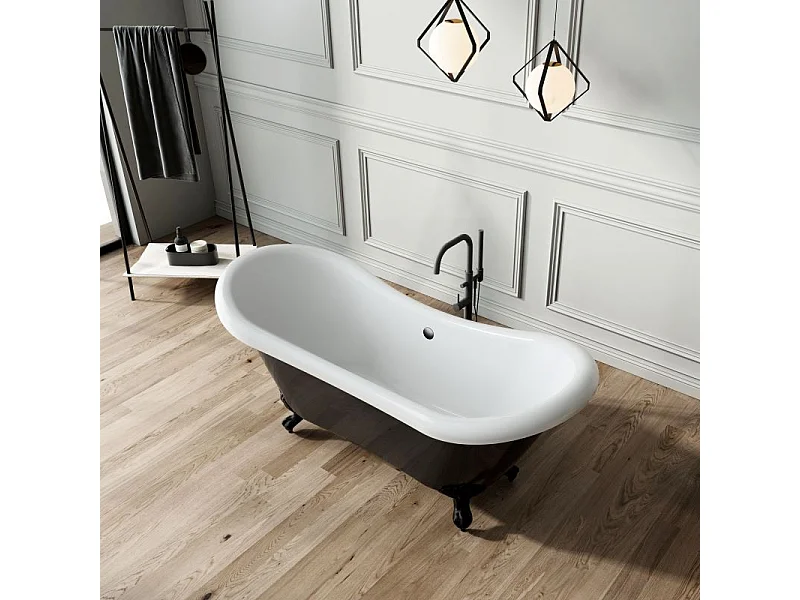 Baignoire sur pieds rétro DARLINGTON Noire 175 cm Pieds de Lion Cuivre rouge vieilli