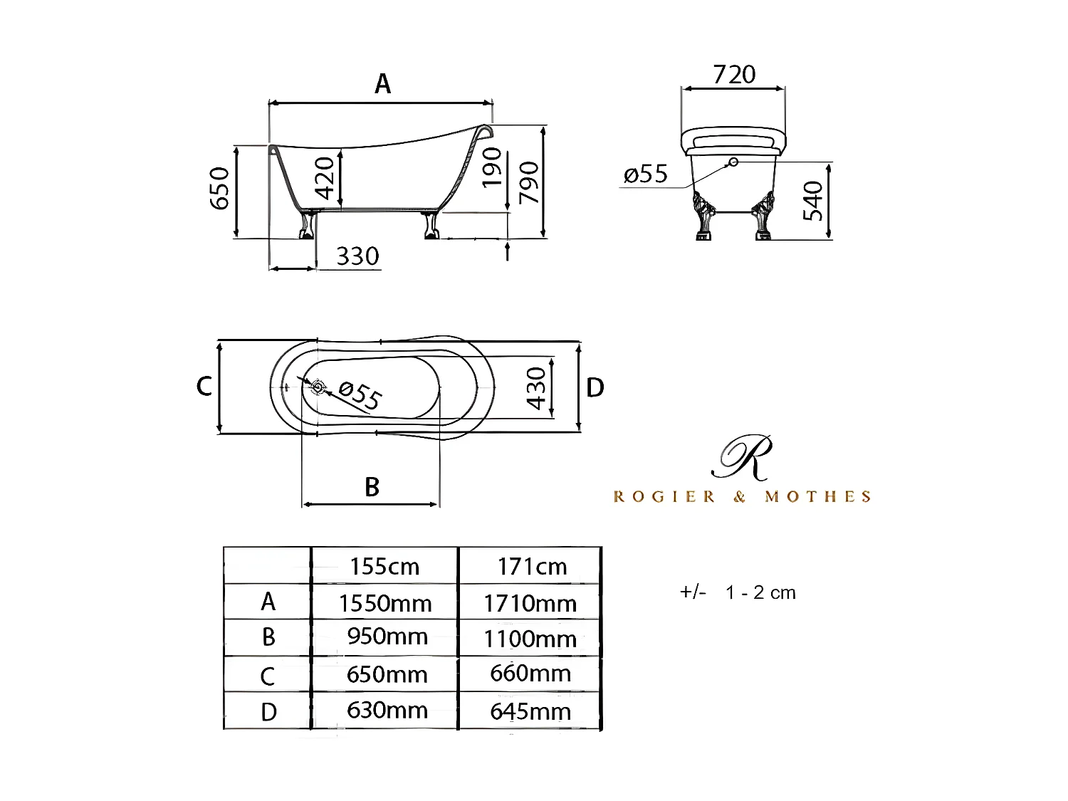 Freistehende Badewanne mit Füßen RICHMOND Löwenfüße ALTBRONZE 155 cm