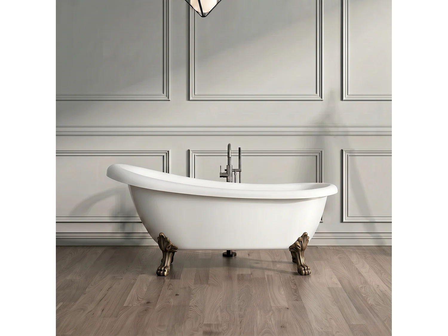 Baignoire sur pieds rétro RICHMOND Blanche 155 cm Pieds de Lion Bronze jaune vieilli