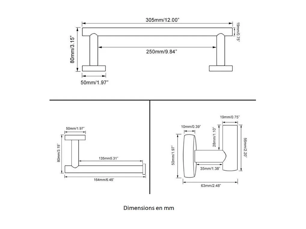 Conjunto CHARLES 30 dorado cepillado  Toallero + portarrollos + 1 percha