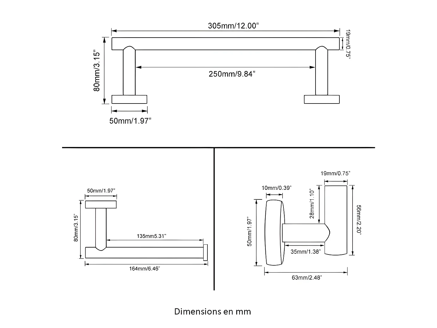Conjunto CHARLES 30 negro mate  Toallero + portarrollos + 1 percha