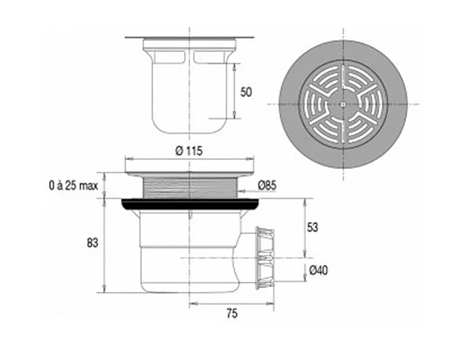 Piletta di scarico orizzontale VALENTIN per piatto doccia SoliCast®
