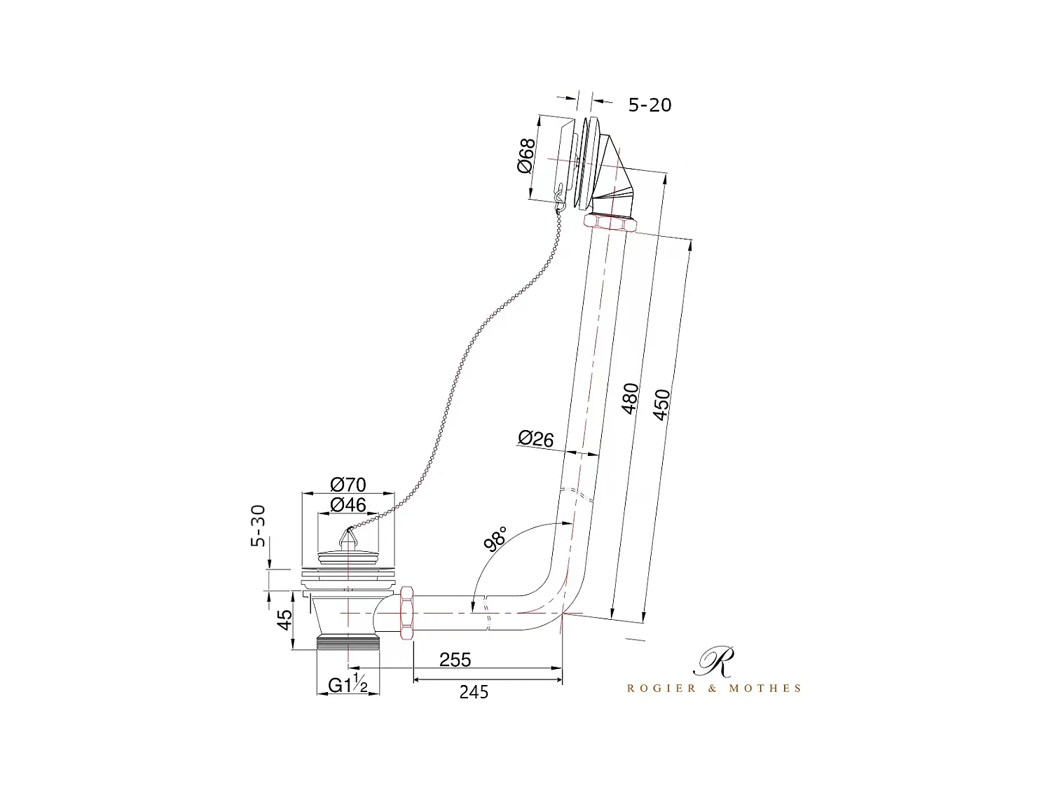 Desagüe CRAWLEY  largo para bañeras de hierro fundido BRADFORD y SOUTHPORT