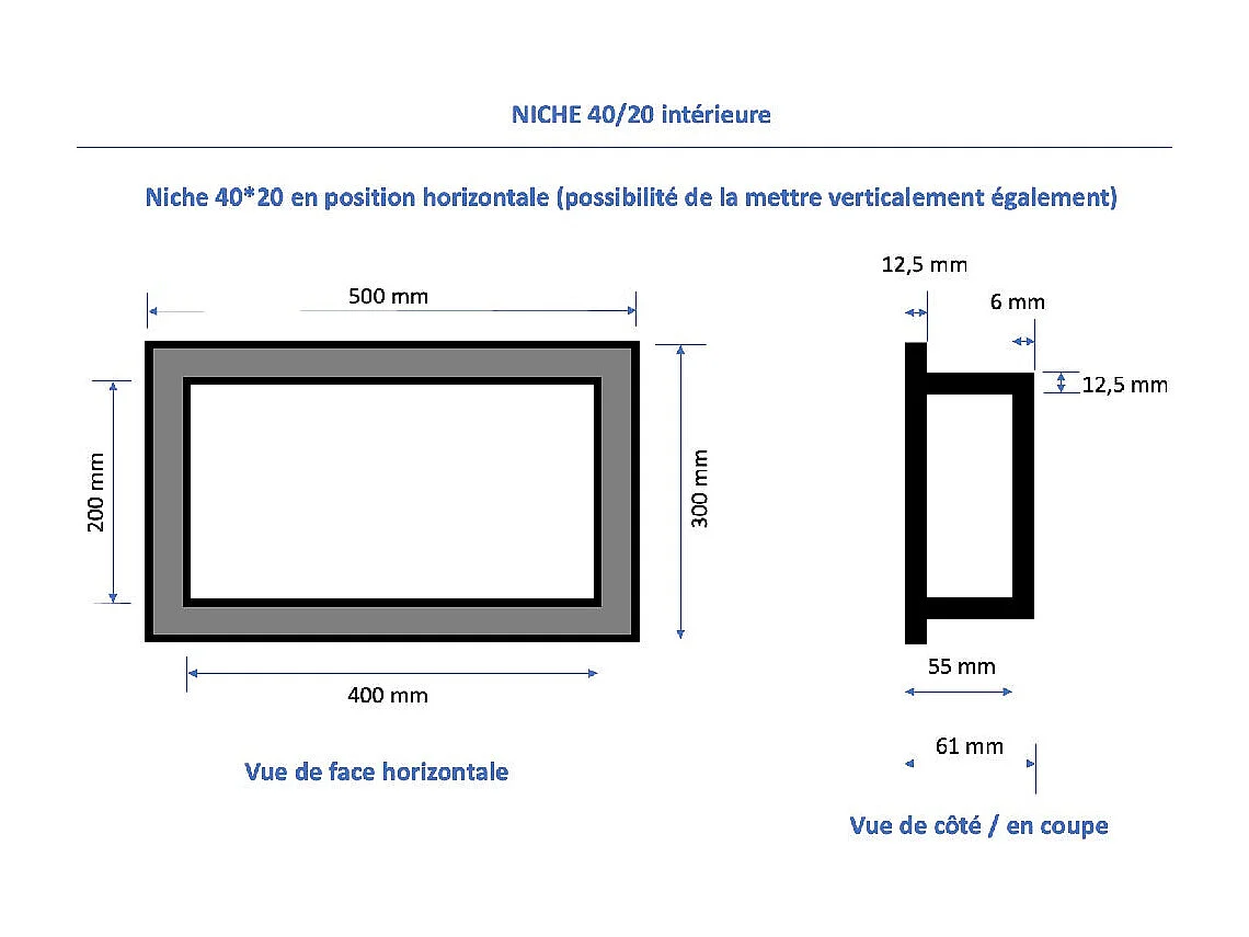 Nicchia doccia da piastrellare 40 x 20 cm e 55 cm di profondità