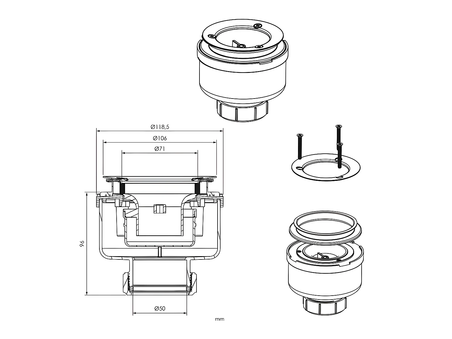 Bonde verticale Sanycces Ø90 mm pour receveur de douche