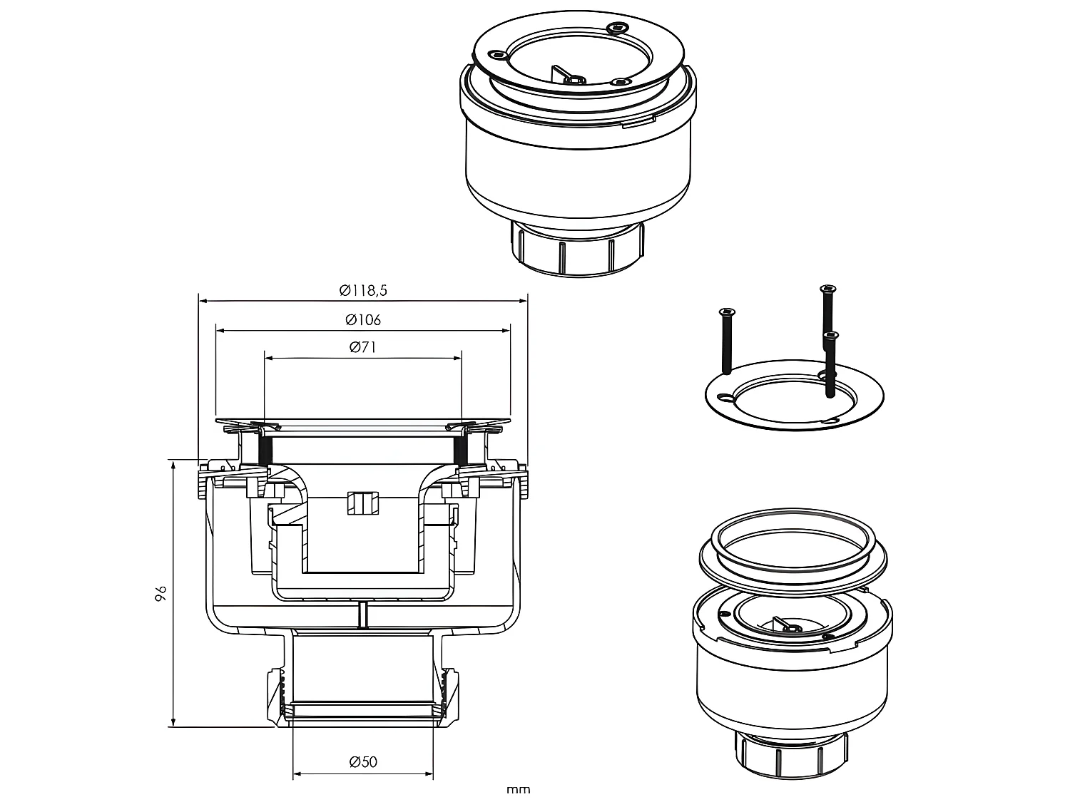 Bonde verticale Sanycces Ø90 mm pour receveur de douche