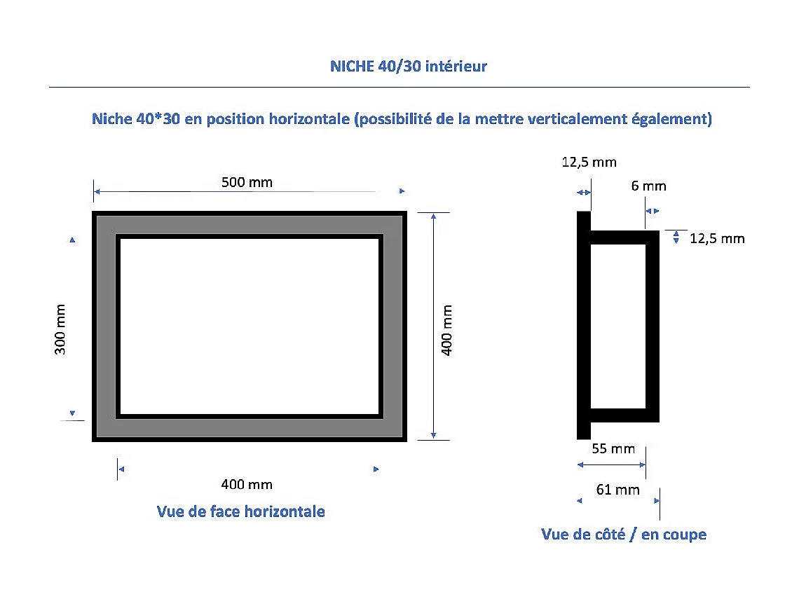 Nicchia doccia da piastrellare 40 x 30 cm e 55 cm di profondità