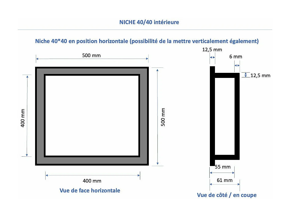 Nicchia doccia da piastrellare 40 x 40 cm e 55 cm di profondità