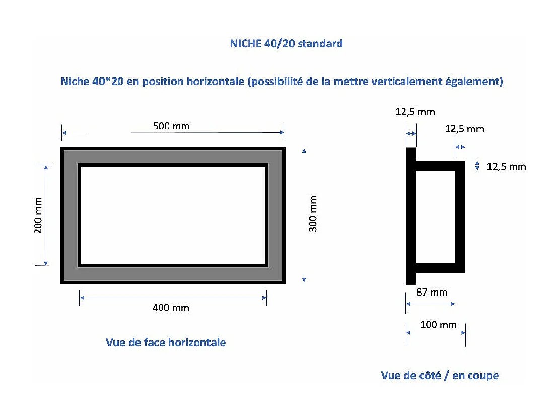 Nicchia doccia da piastrellare 40 x 20 cm e 9 cm di profondità