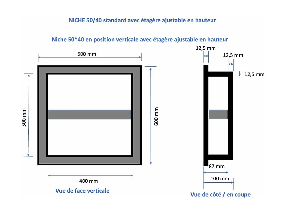 Nicchia doccia da piastrellare con ripiano 50 x 40 cm e 9 cm di profondità