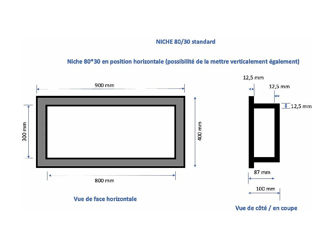Nicchia doccia da piastrellare 80 x 30 cm e 9 cm di profondità