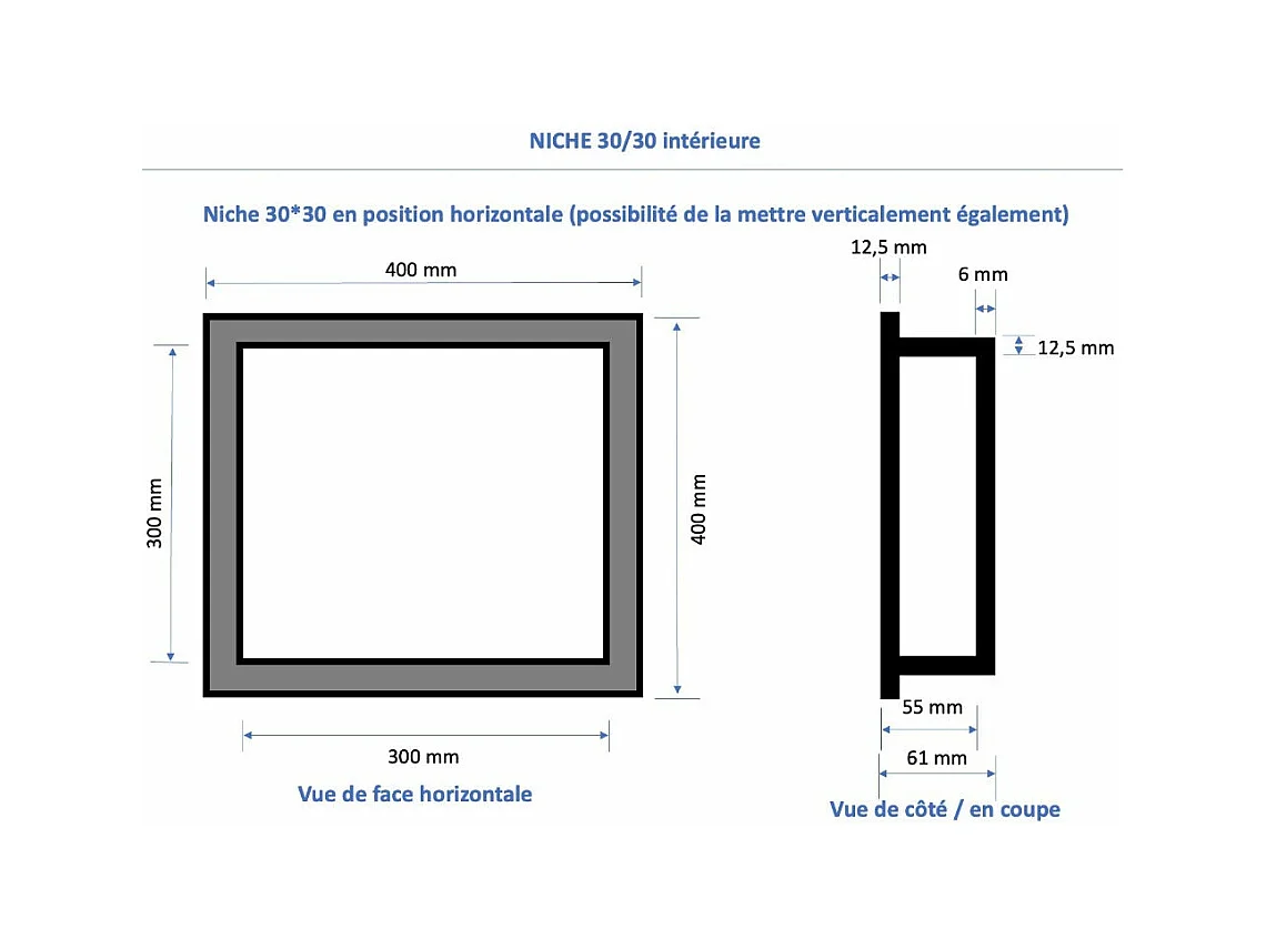 Nicchia doccia da piastrellare 30 x 30 cm e 55 cm di profondità