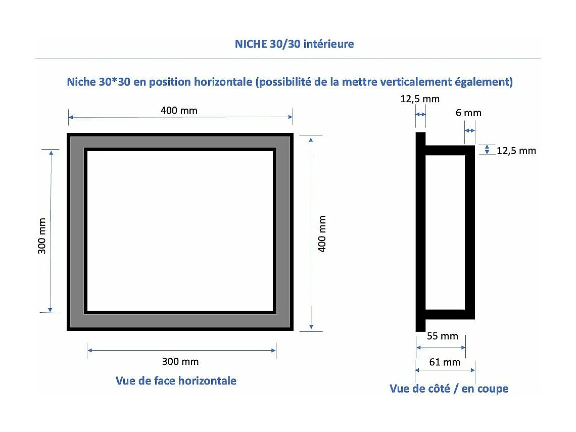 Nicchia doccia da piastrellare 30 x 30 cm e 55 cm di profondità