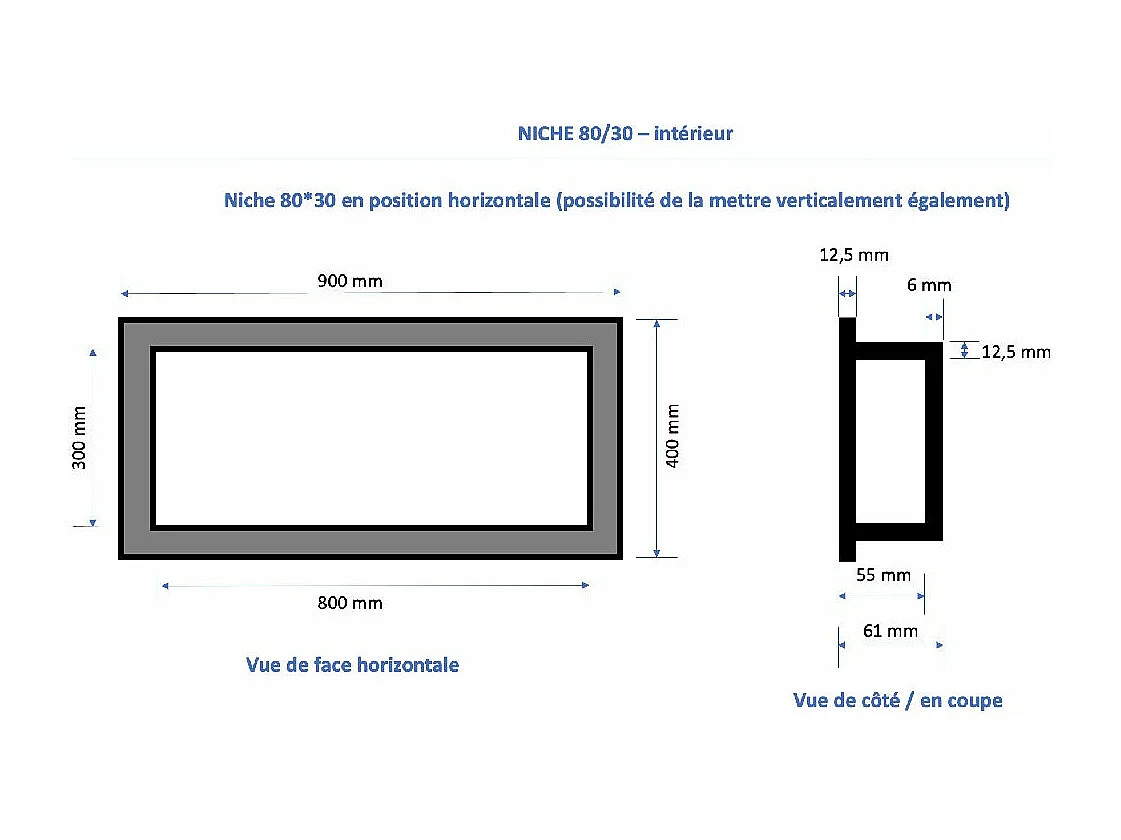 Nicchia doccia da piastrellare 80 x 30 cm e 55 cm di profondità