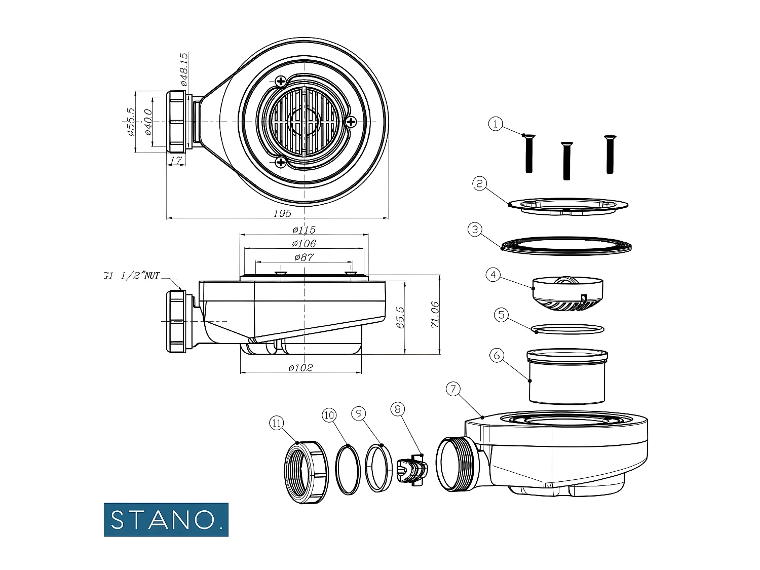 Piletta di scarico orizzontale senza coperchio Ø90 DONA per piatto doccia Solicast®