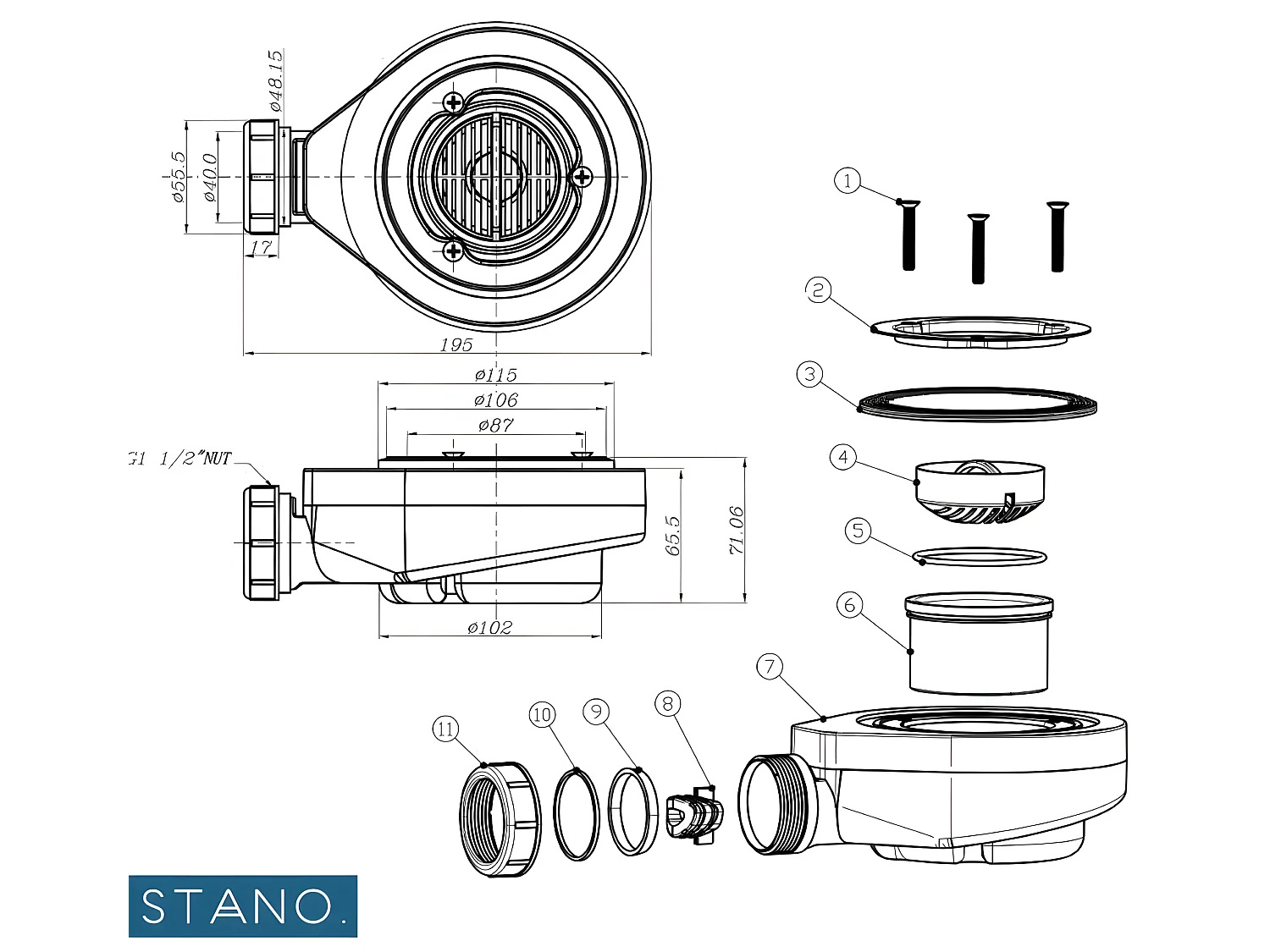 Bonde horizontale sans capot Ø90 DONA pour receveurs de douche