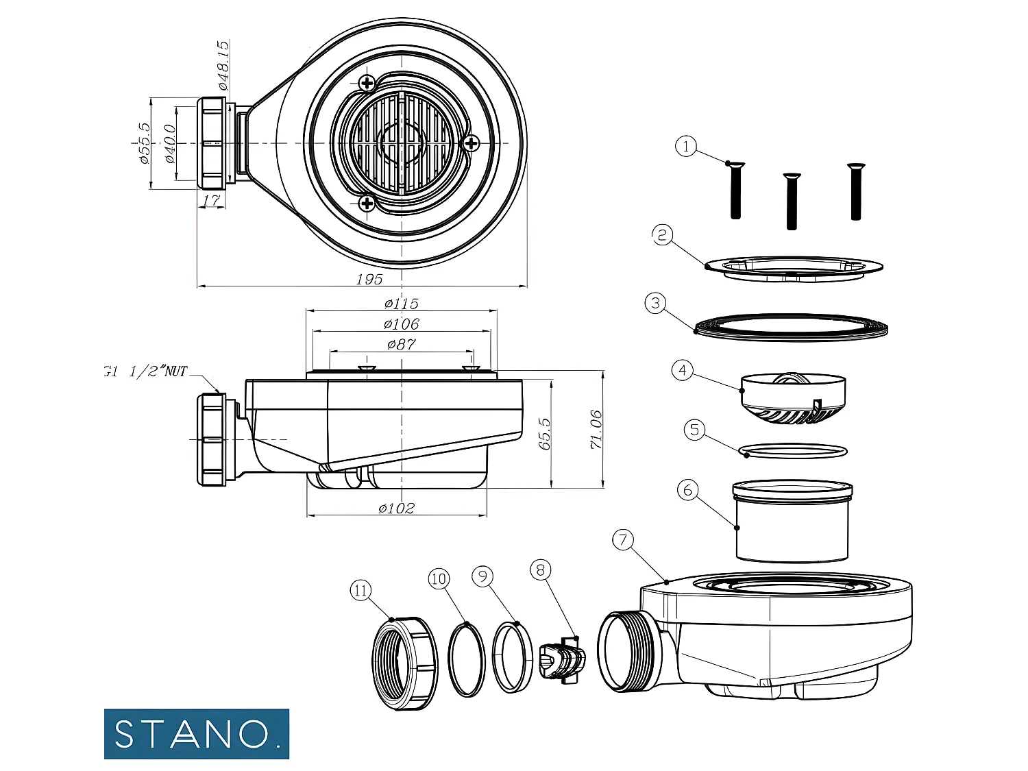 Piletta di scarico orizzontale senza coperchio Ø90 DONA per piatto doccia Solicast®
