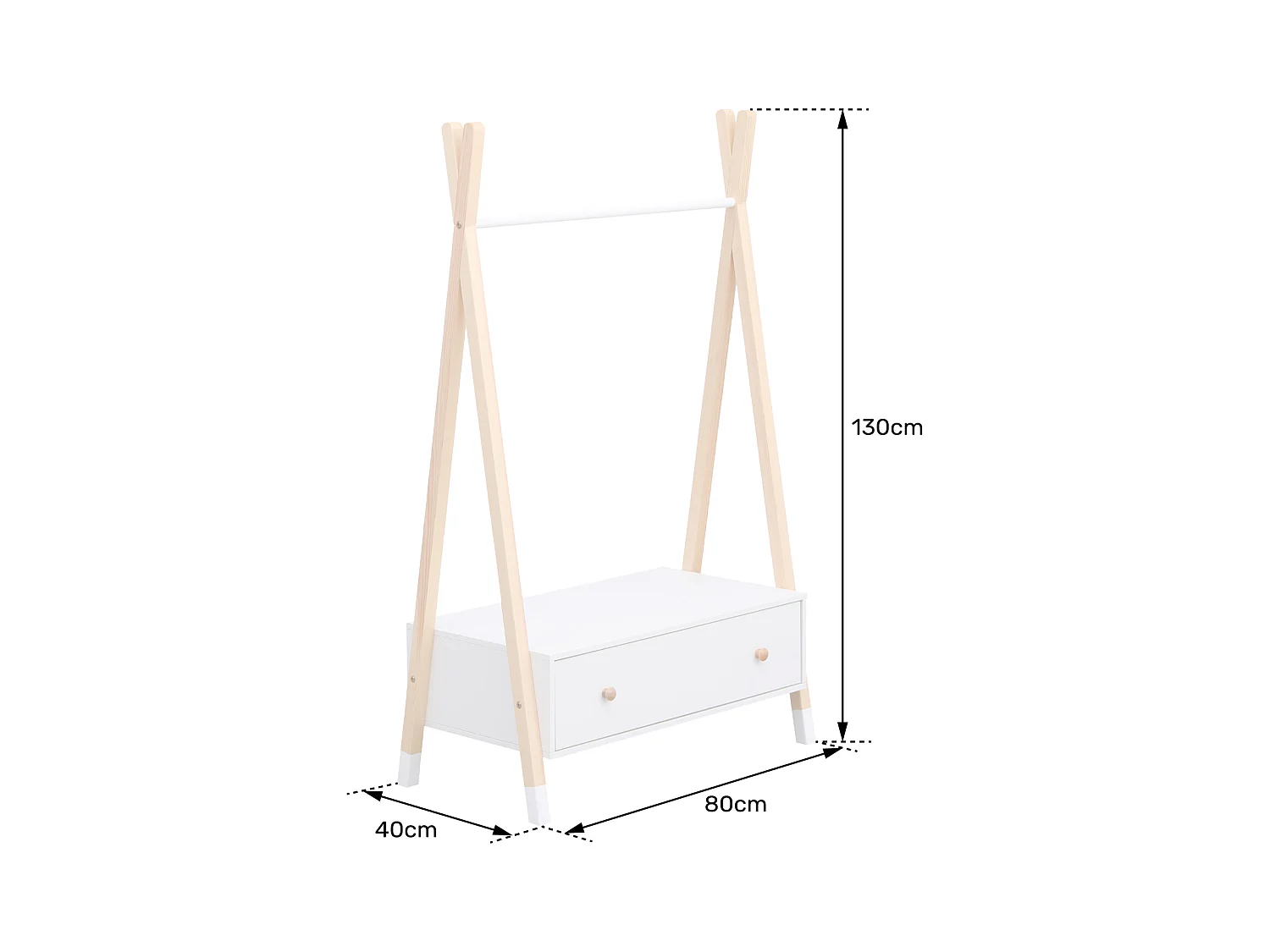 Roupeiro infantil de madeira e branco com gaveta LOU