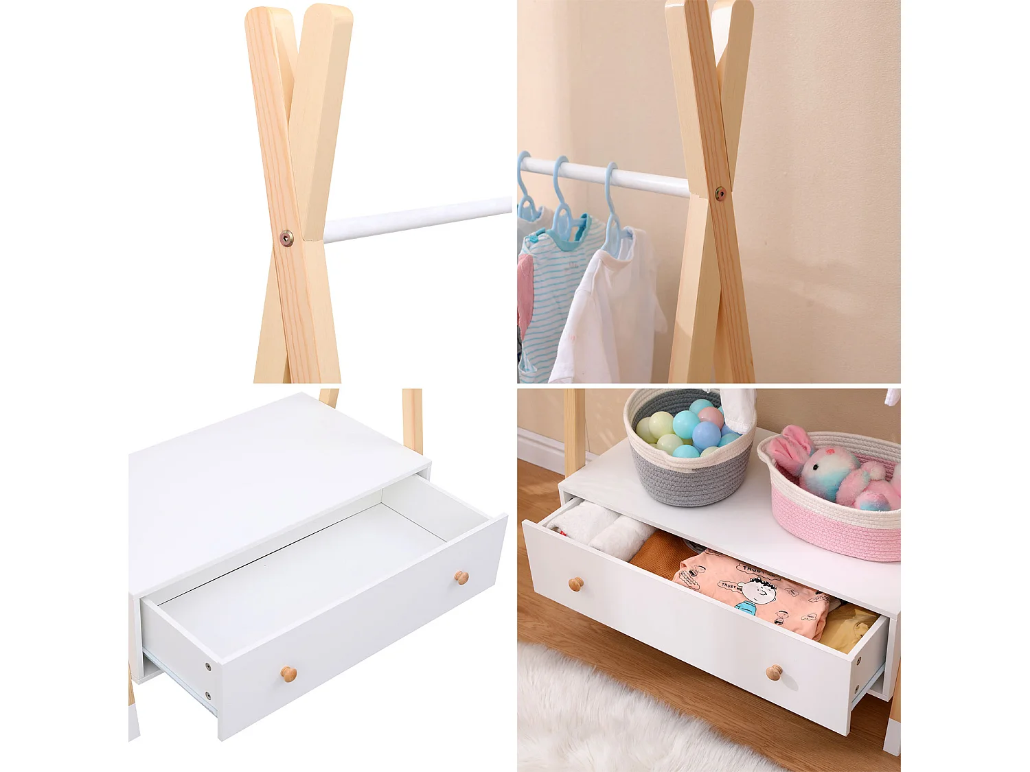 Houten en witte kinderkledingkast met lade LOU