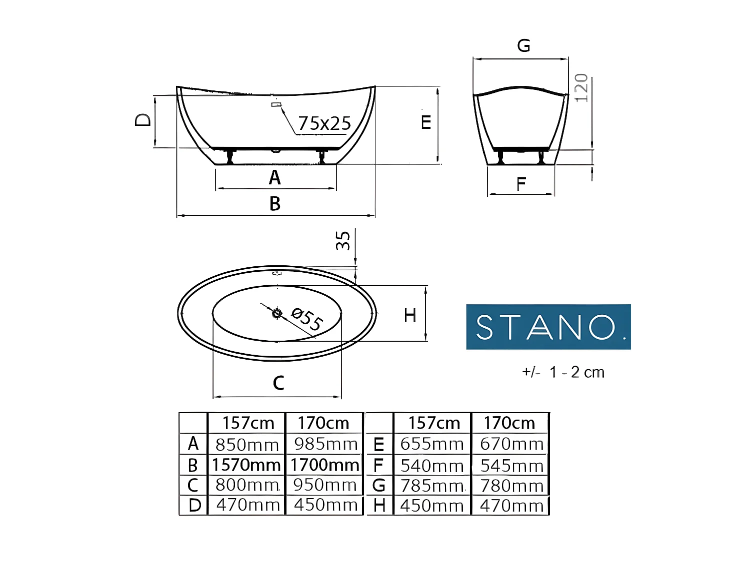 Freistehende Badewanne BRIGHTON 157 cm