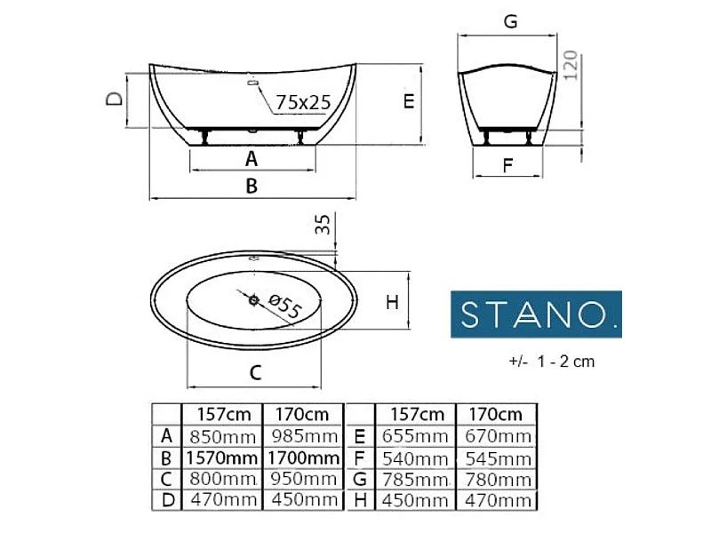 Freistehende Badewanne BRIGHTON 157 cm