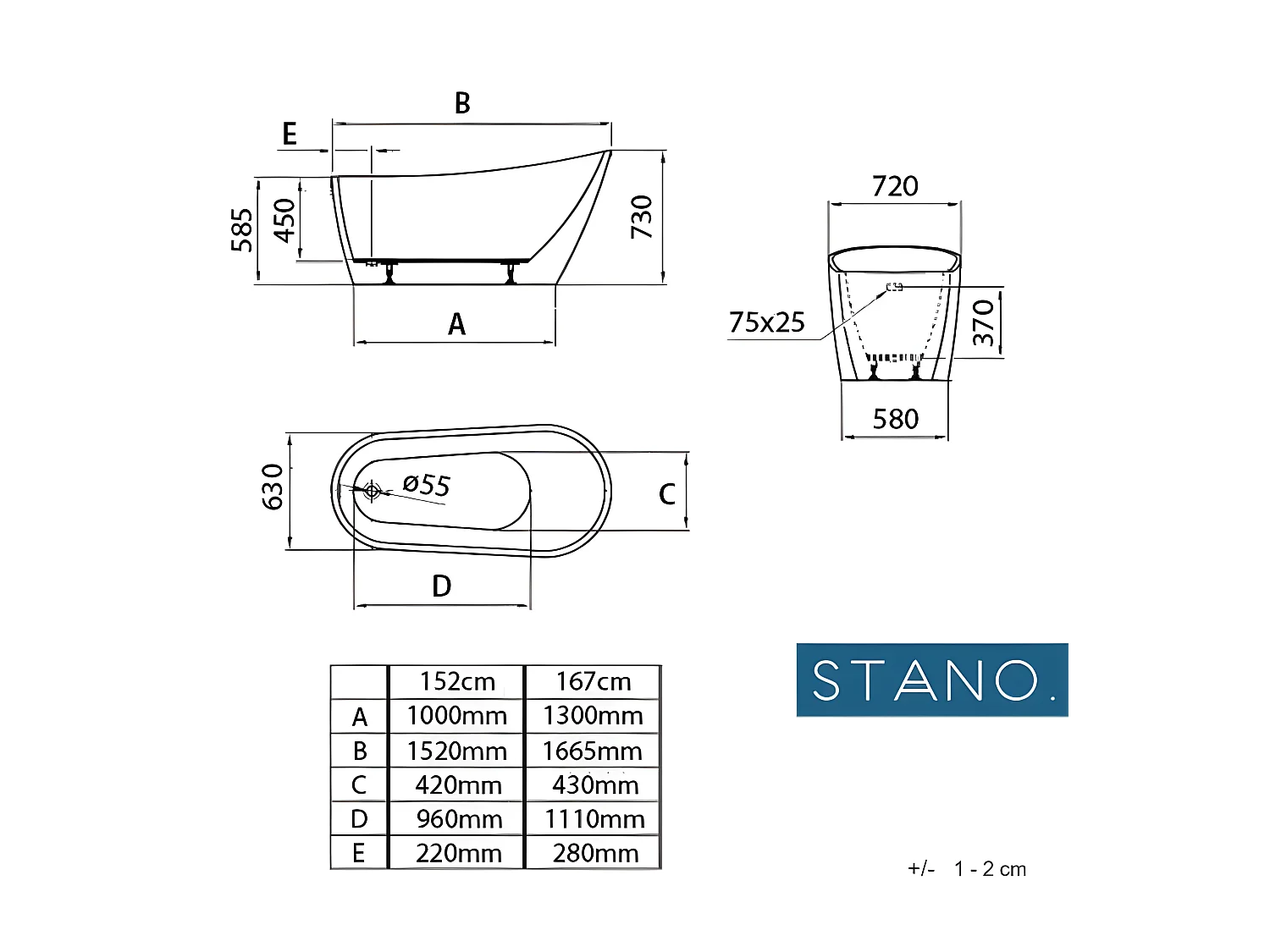 Freistehende Badewanne SUTTON 167 cm