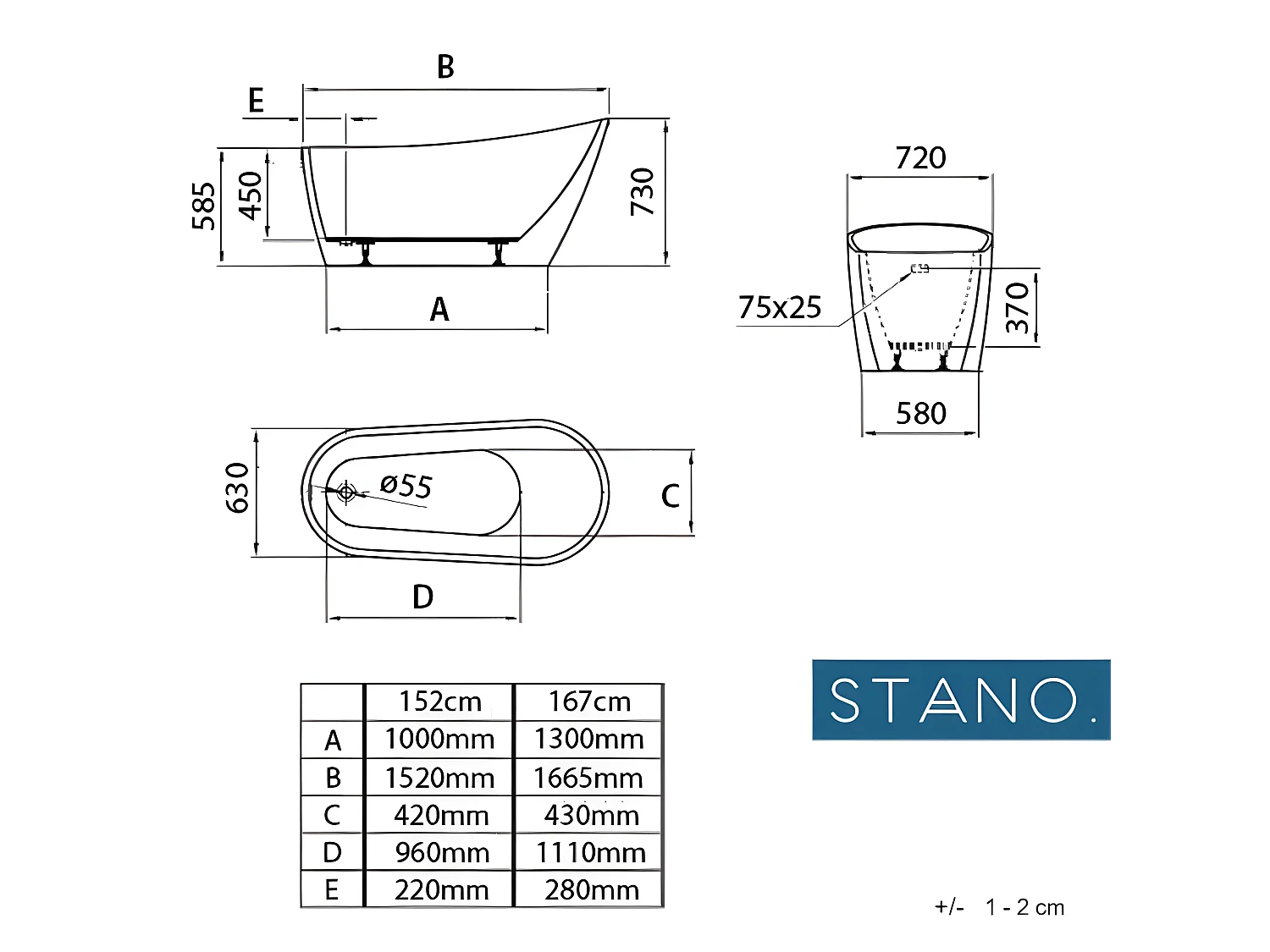 Vasca freestanding ovale SUTTON Bianca 167 cm