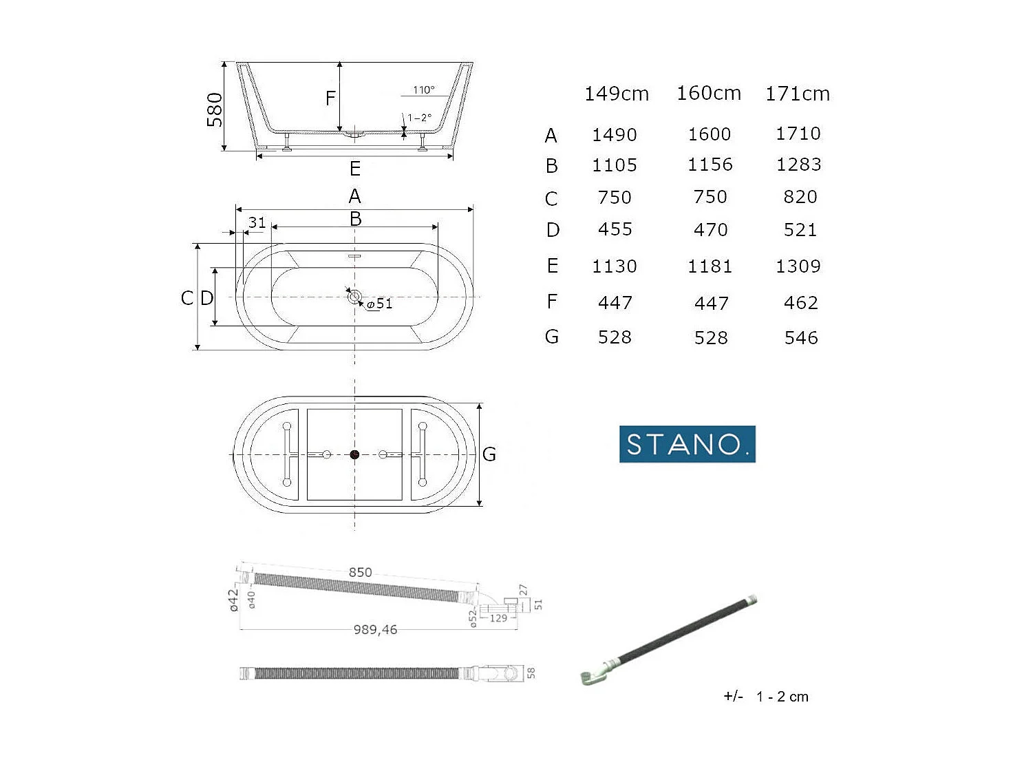Bañera exenta FINDLAY Anti-Slide  160 cm
