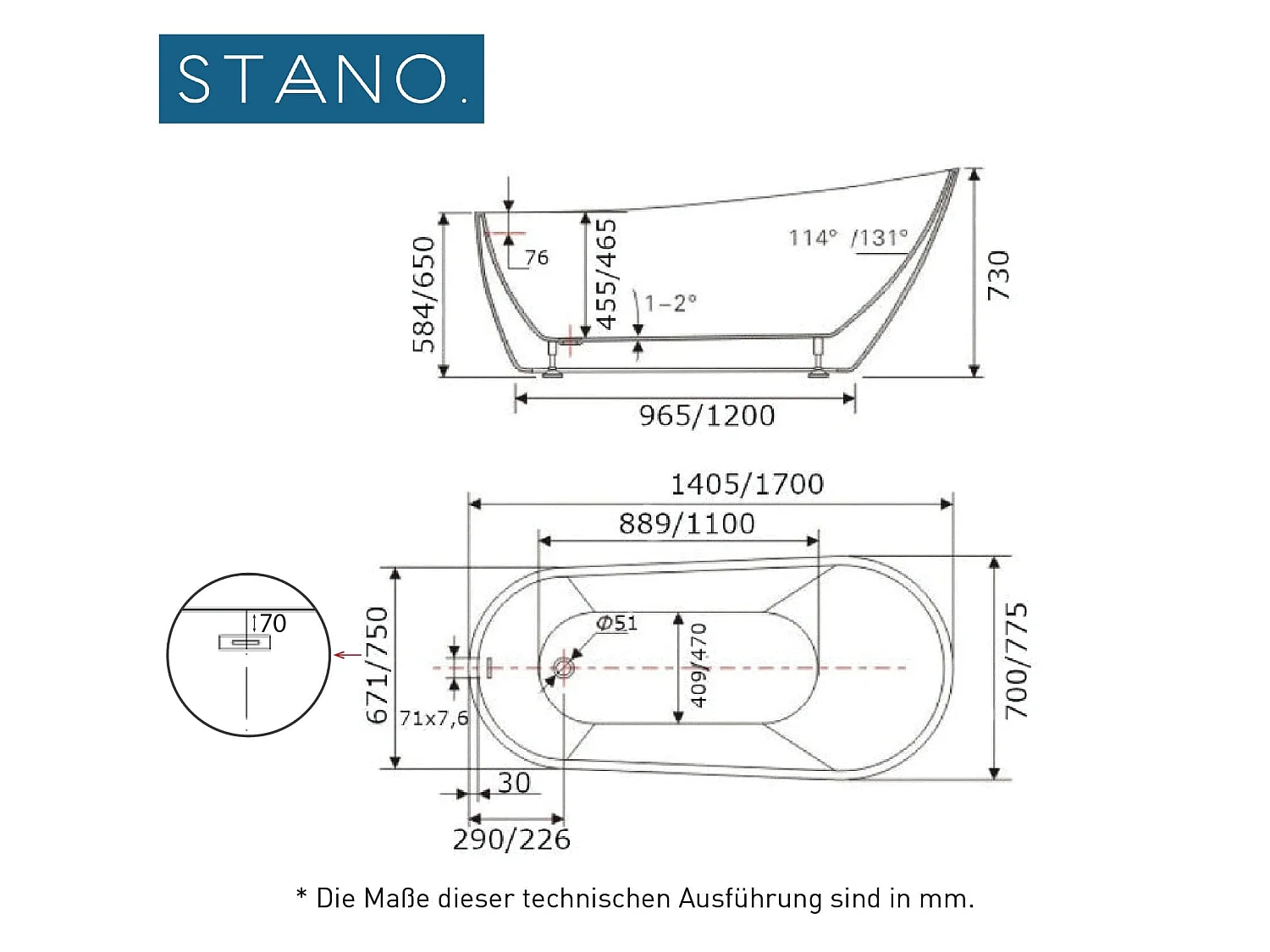 Freistehende Badewanne OPRAH 170 cm