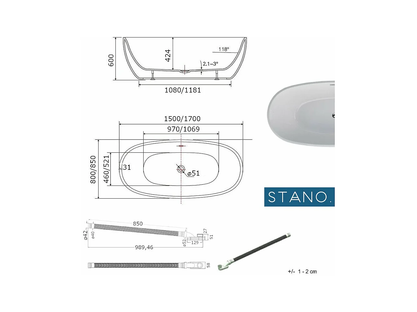 Bañera exenta DENVER  170 cm