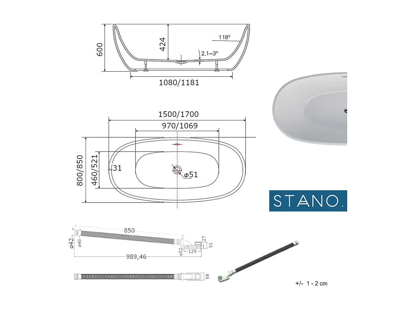 Baignoire îlot design ovale DENVER blanche 170 cm