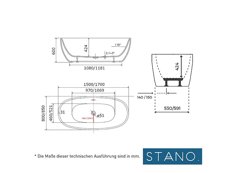 Freistehende Badewanne DENVER 170 cm