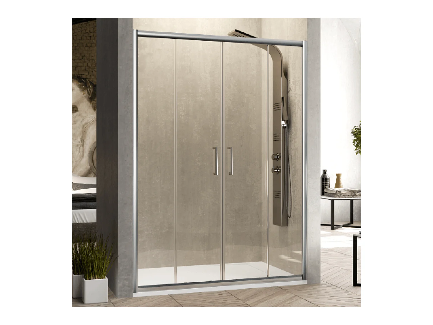 Frontal de ducha 2 Fijos  Lateral Fijo : 67 - 69 cm + 2 Puertas Correderas 165 cm 165 cm  BELLA  Lateral Fijo : 67 - 69 cm