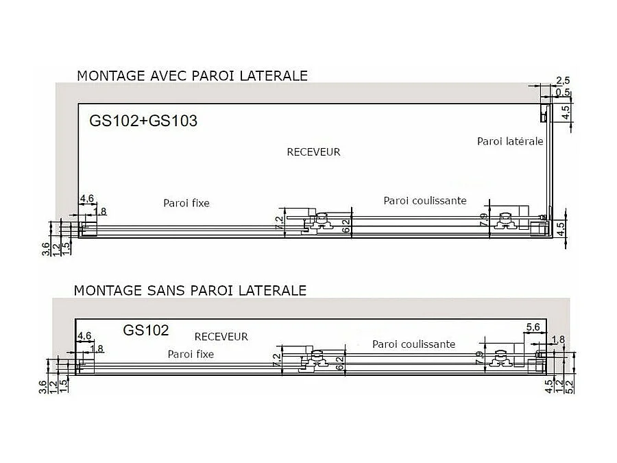 Paroi de douche fixe + Porte coulissante GLASÉ 150 cm  Sans paroi latérale