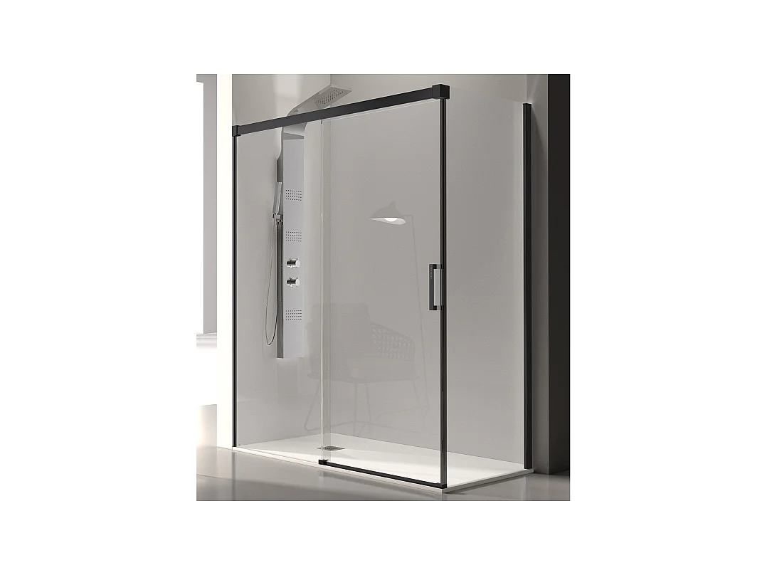 Frontal de ducha + Puerta Corredera 120 cm GLASÉ perfil Negro mate Sin pared lateral
