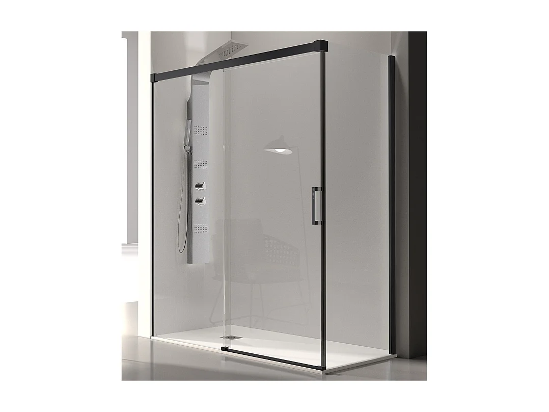 Paroi de douche fixe + Porte coulissante GLASÉ profil noir mat 120 cm Sans paroi latérale