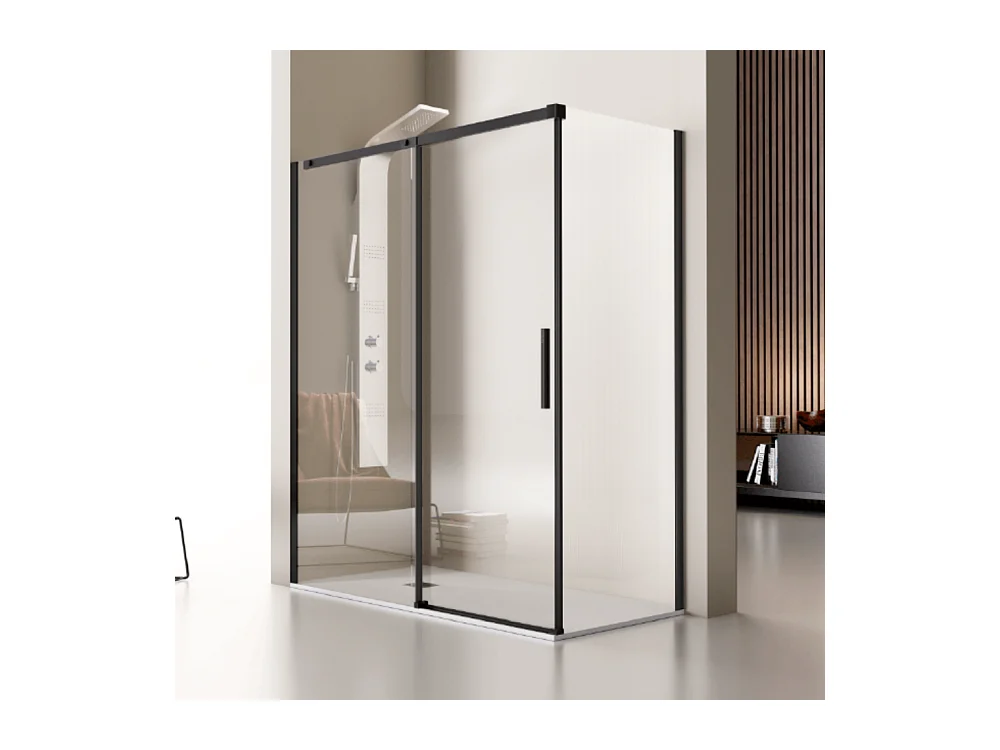 Paroi de douche fixe + Porte coulissante LUNA profil noir mat 155 cm Sans paroi latérale