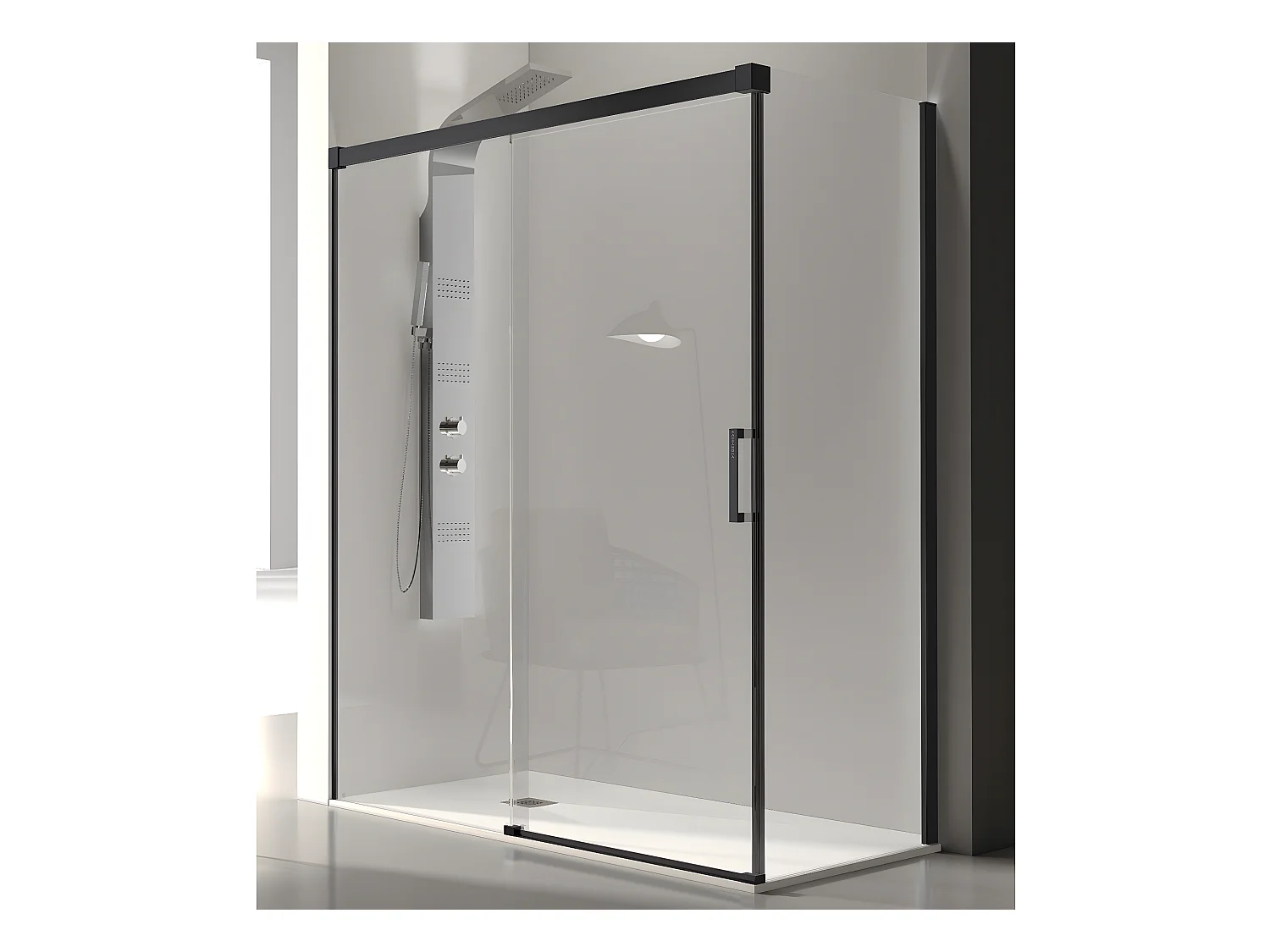 Frontal de ducha + Puerta Corredera 150 cm GLASÉ perfil Negro mate Pared lateral: 66 - 69 cm