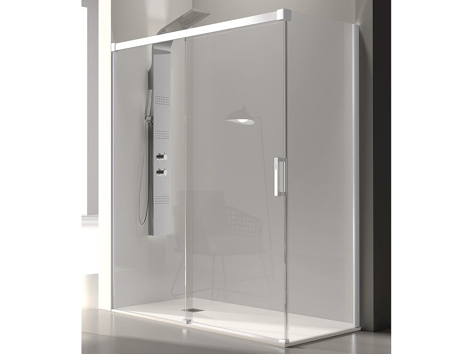 Frontal de ducha + Puerta Corredera 175 cm GLASÉ perfil Blanco Pared lateral: 76 - 79 cm
