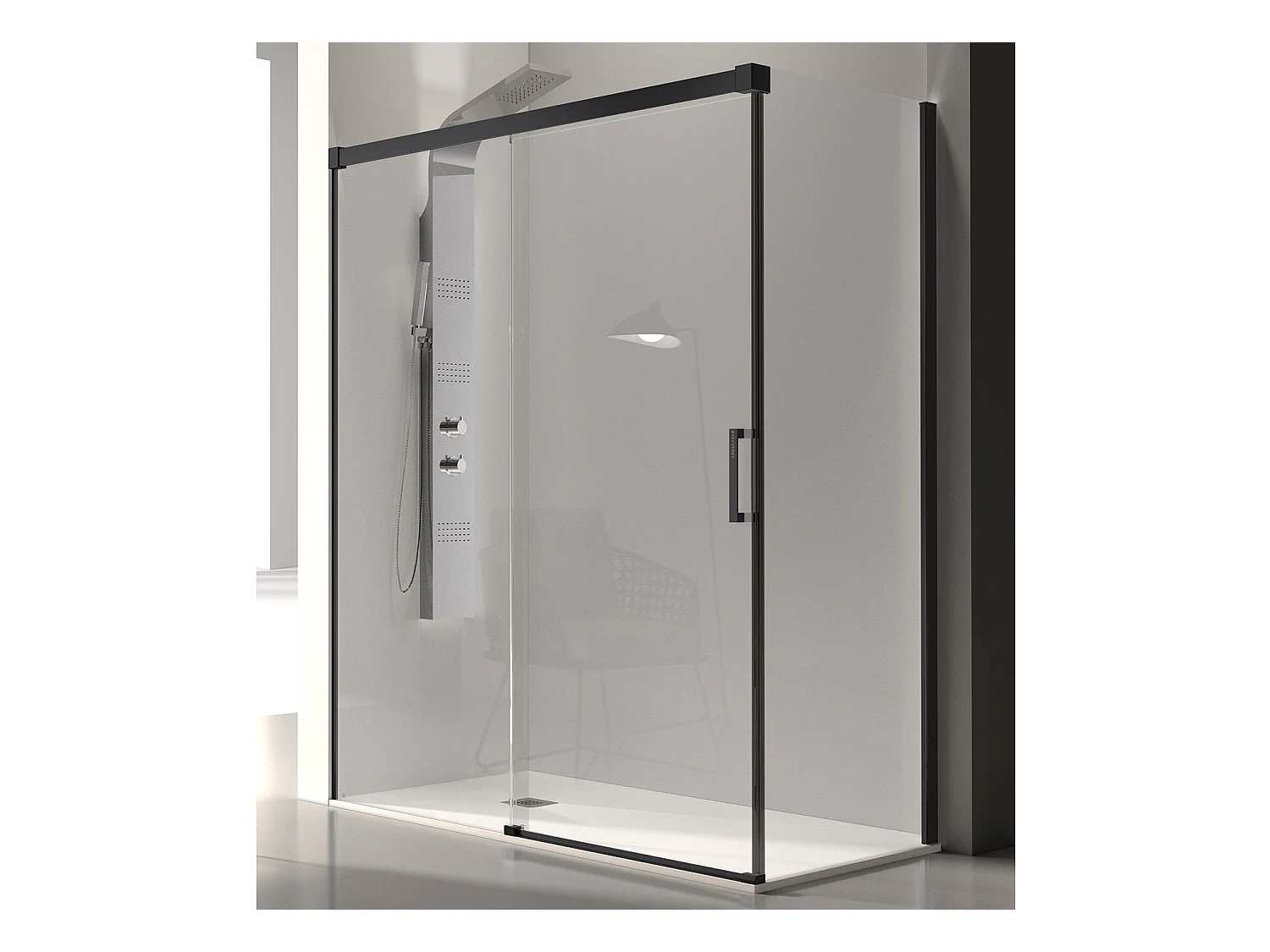 Frontal de ducha + Puerta Corredera 140 cm GLASÉ perfil Negro mate Pared lateral: 66 - 69 cm