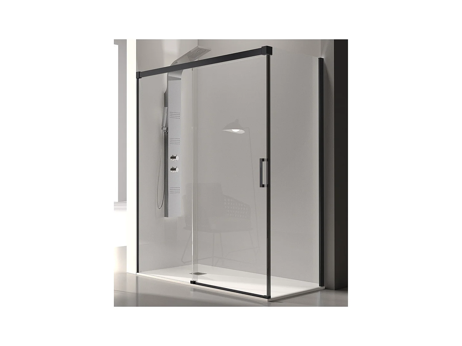 Frontal de ducha + Puerta Corredera 125 cm GLASÉ perfil Negro mate Sin pared lateral