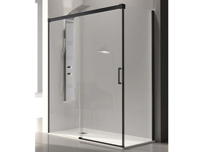 Frontal de ducha + Puerta Corredera 155 cm GLASÉ perfil Negro mate Pared lateral: 66 - 69 cm