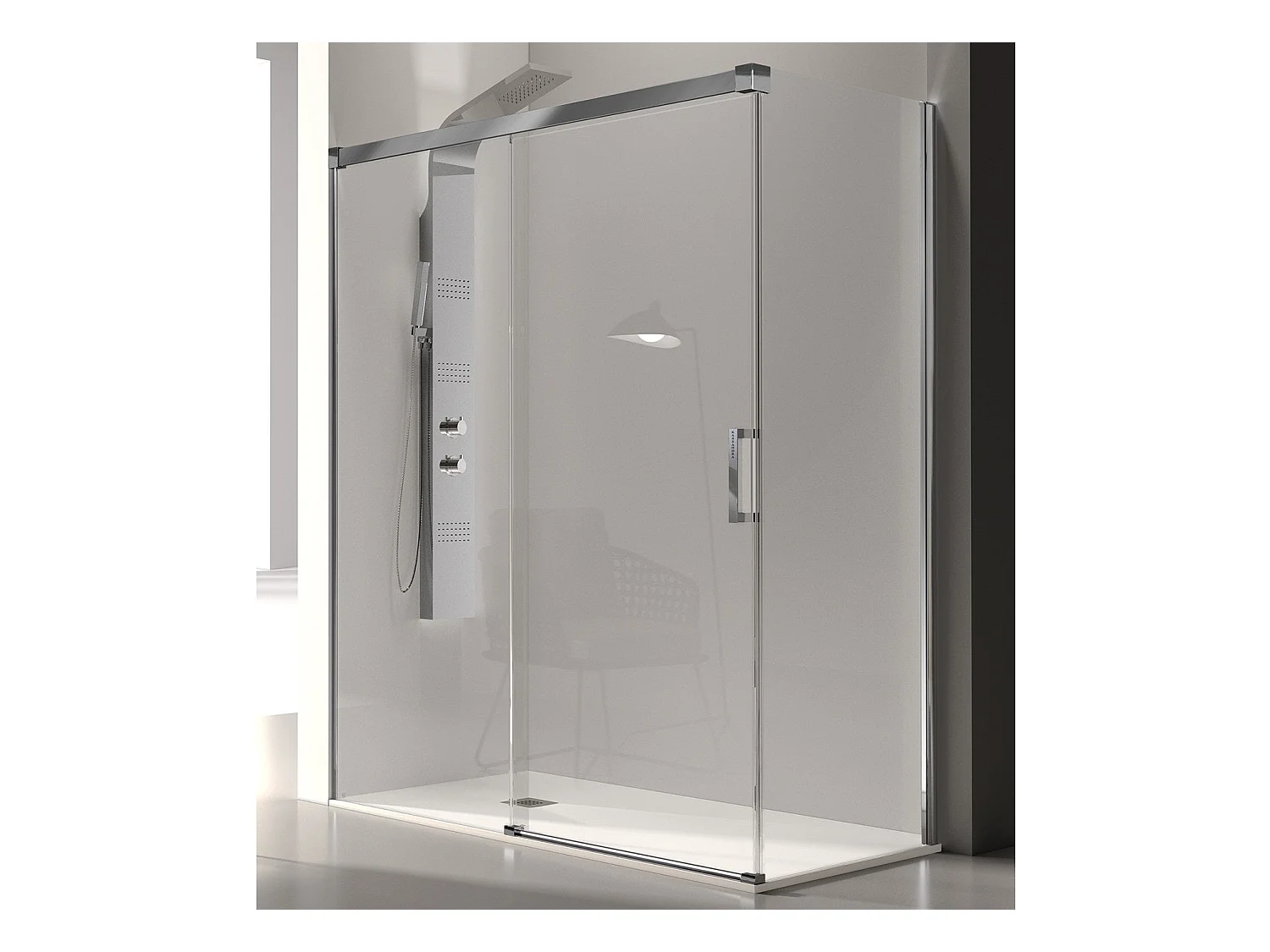 Frontal de ducha + Puerta Corredera 165 cm GLASÉ perfil Cromado Pared lateral: 66 - 69 cm