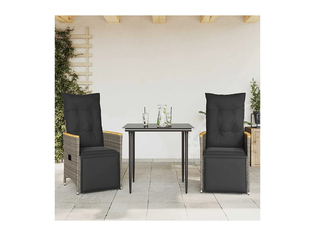Chaises inclinables de jardin lot de 2 et coussins gris rotin
