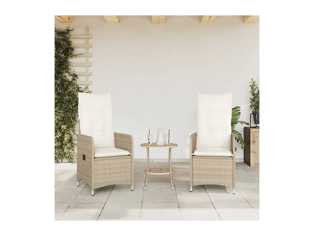 Cadeiras de jardim reclináveis 2 peças com mesa vime PE bege