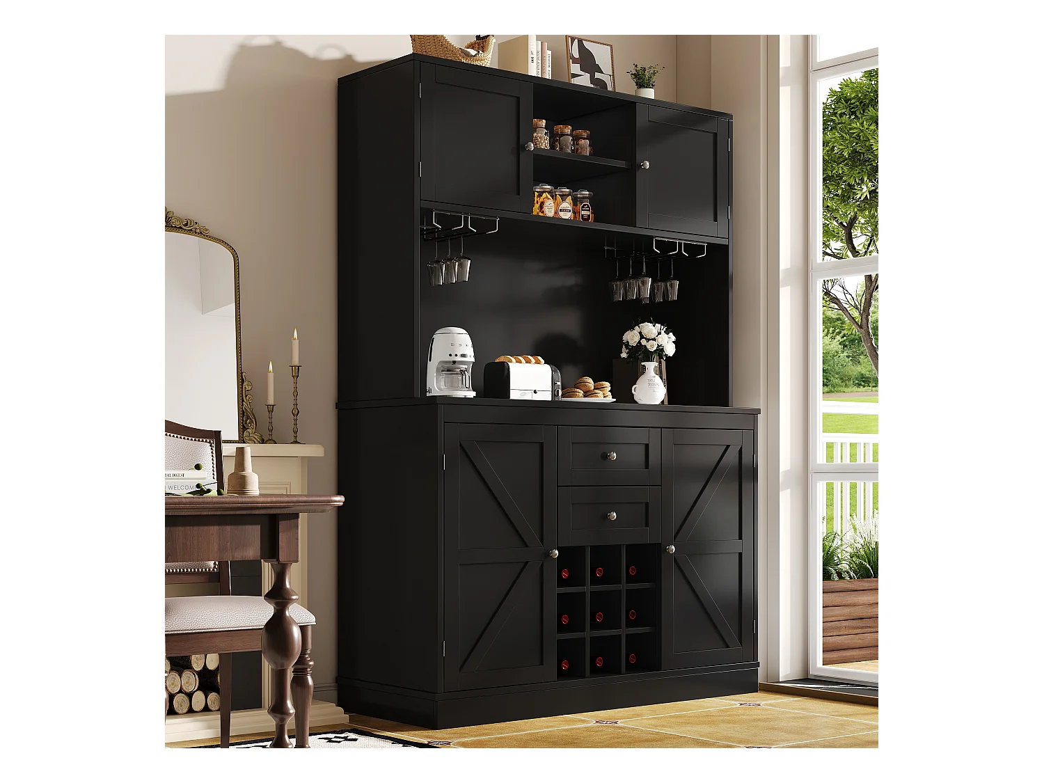Buffet de cocina - 4 puertas y 2 cajones - Estantes y portabotellas ajustables - Negro