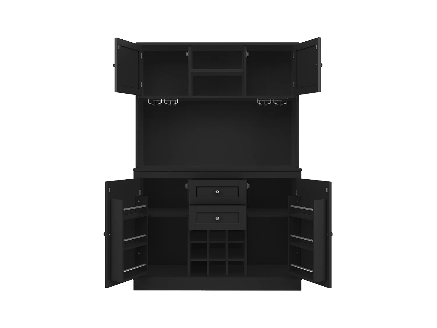 Buffet de cocina - 4 puertas y 2 cajones - Estantes y portabotellas ajustables - Negro