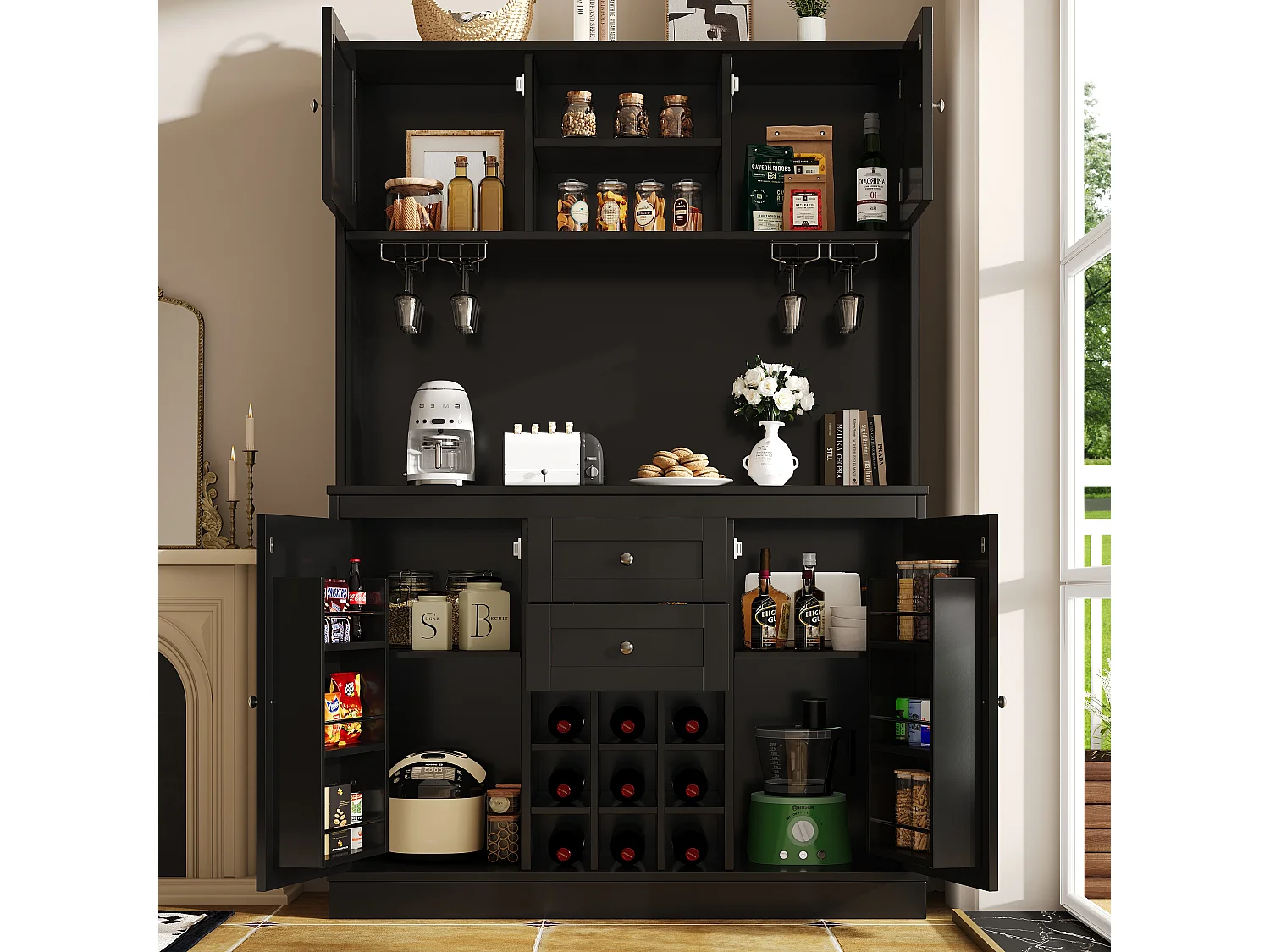 Buffet de cuisine - 4 portes et 2 tiroirs - Étagères et casiers à vin réglables - Noir