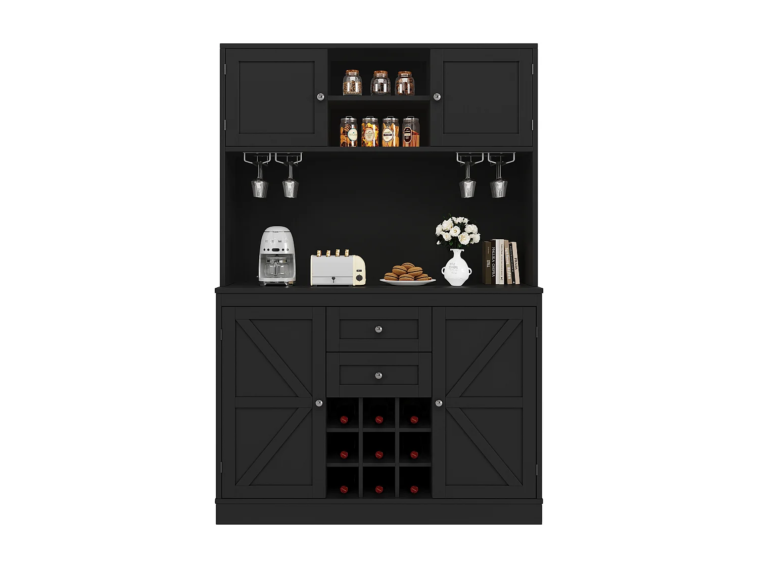 Buffet de cuisine - 4 portes et 2 tiroirs - Étagères et casiers à vin réglables - Noir